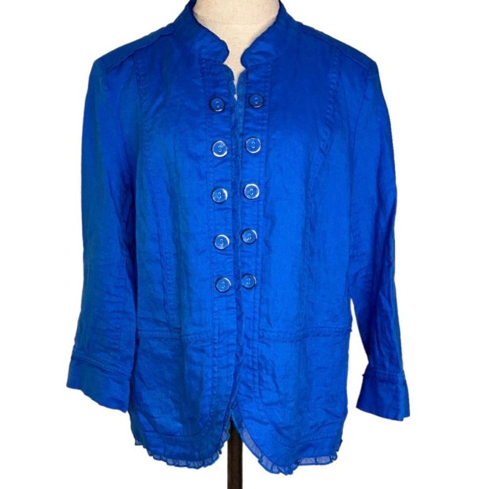 Multiples Womens L‎ 100% Linen Royal Blue Lightweight Double Breasted Shacket